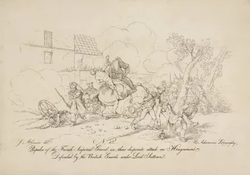 Repulse of the French Imperial Guard, in their desperate attack on Hougoumont, defended by the British guards under Lord Saltoun, lithograph by R. Ackermann, 1815
